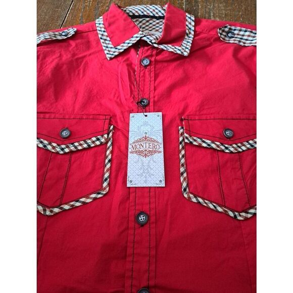 New Large Montero Jeans Red Black Cream Brown Long Sleeve Western Rodeo Shirt - Picture 2 of 3